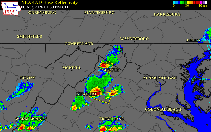 NEXRAD radar during the Saturday, August 8, 2026 storm activity in Frederick County, Virginia