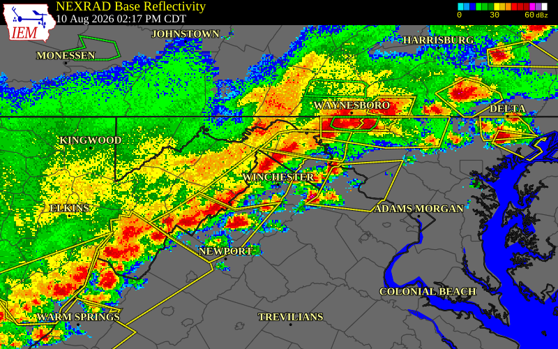 NEXRAD radar during the Monday, August 10, 2026 storm activity in Frederick County, Virginia