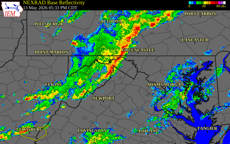 Radar snapshot during the May 13, 2026 wind event near 1 WSW Cross Junction, Frederick County, Virginia, with NWS warning polygons