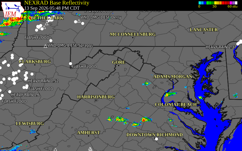 Current NEXRAD radar over Frederick County, Virginia with recent storm report locations