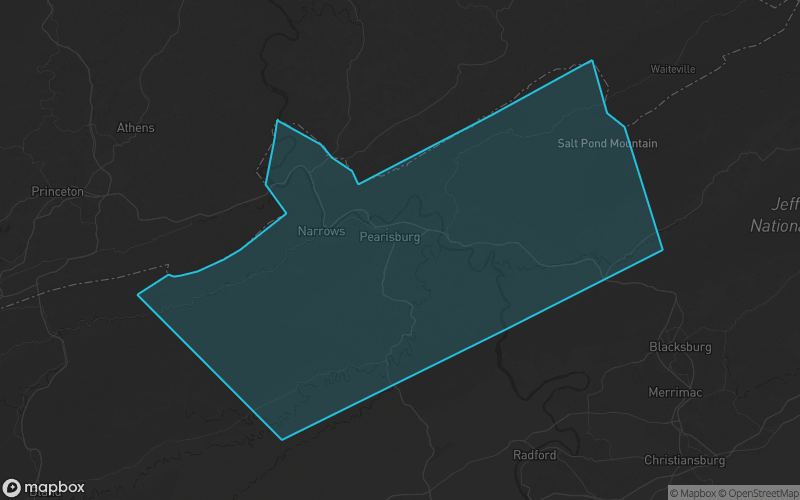 Map of Giles County, Virginia showing the county boundary and surrounding cities