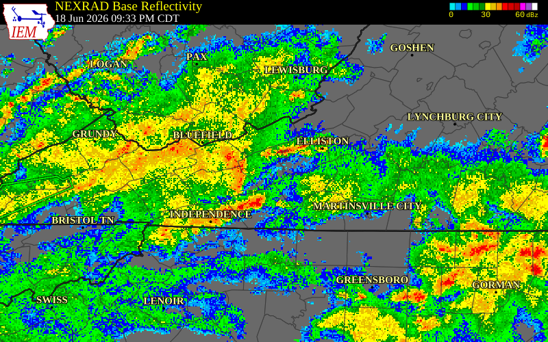 NEXRAD radar during the Thursday, June 18, 2026 storm activity in Giles County, Virginia