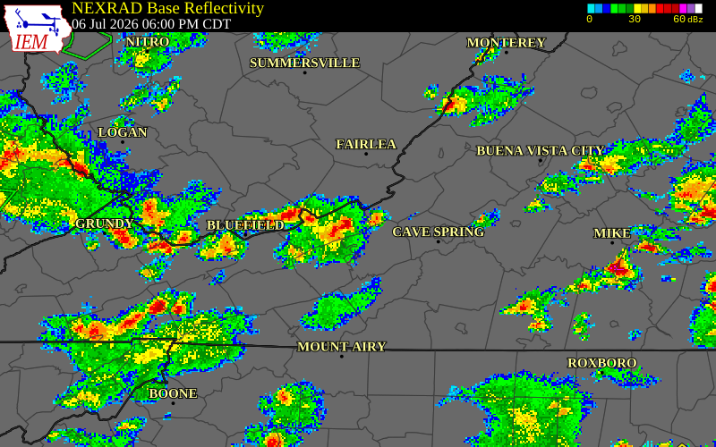 NEXRAD radar during the Monday, July 6, 2026 storm activity in Giles County, Virginia