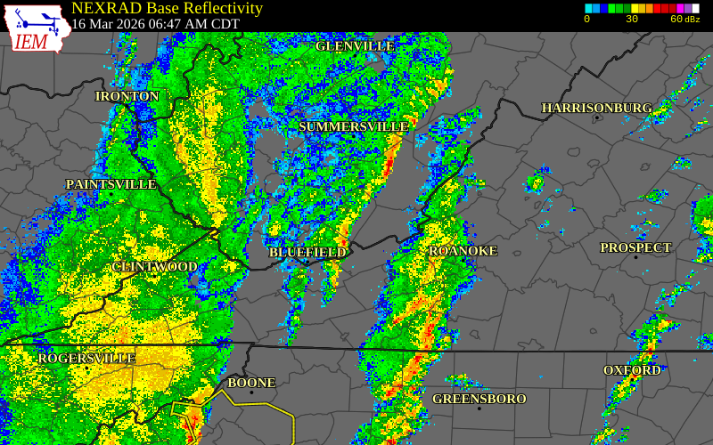 Radar snapshot during the Mar 16, 2026 wind event near Giles County, Giles County, Virginia, with NWS warning polygons