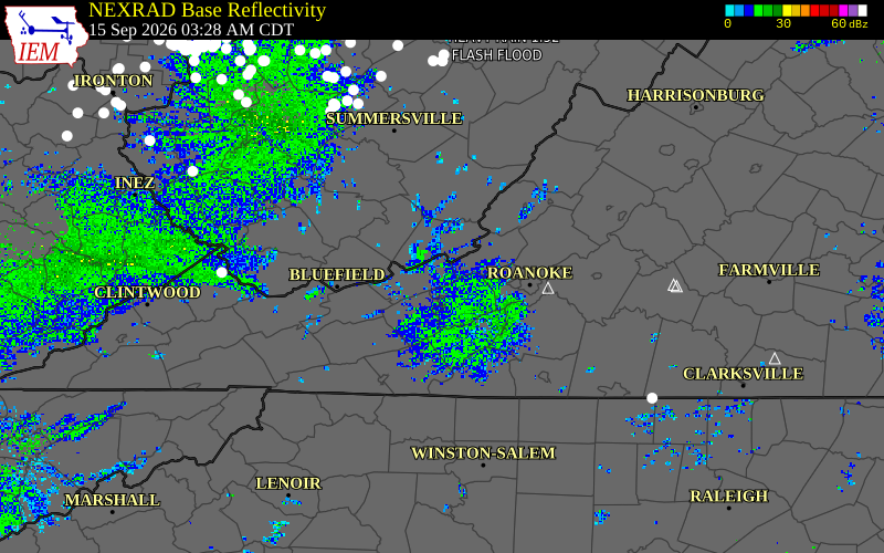 Current NEXRAD radar over Giles County, Virginia with recent storm report locations