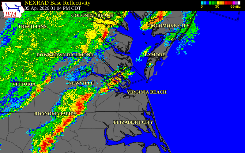 NEXRAD radar during the Sunday, April 5, 2026 storm activity in Gloucester County, Virginia