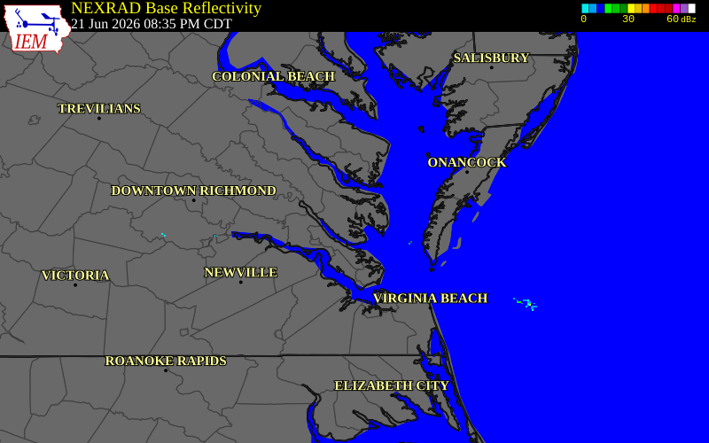 NEXRAD radar during the Sunday, June 21, 2026 storm activity in Gloucester County, Virginia