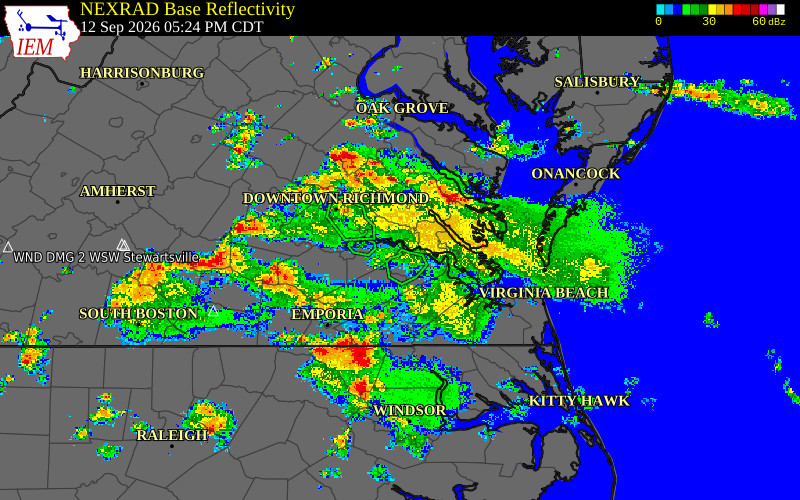 Current NEXRAD radar over Gloucester County, Virginia with recent storm report locations