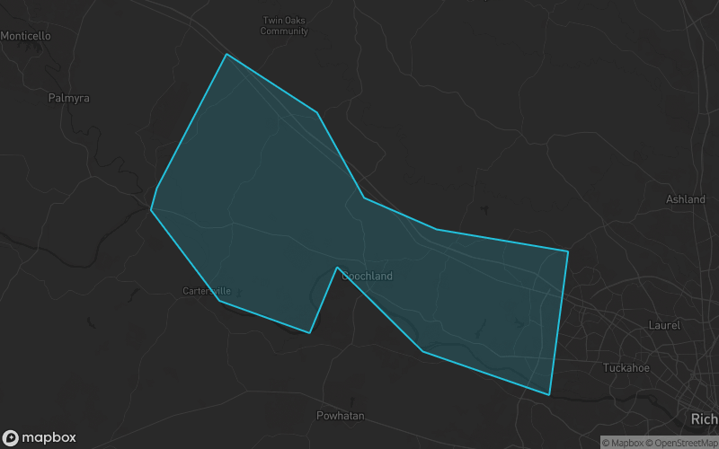 Map of Goochland County, Virginia showing the county boundary and surrounding cities