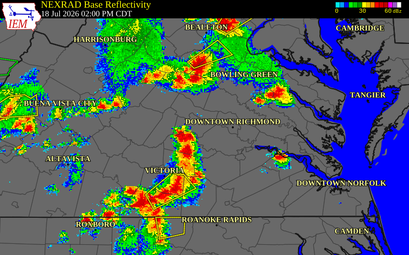NEXRAD radar during the Saturday, July 18, 2026 storm activity in Goochland County, Virginia