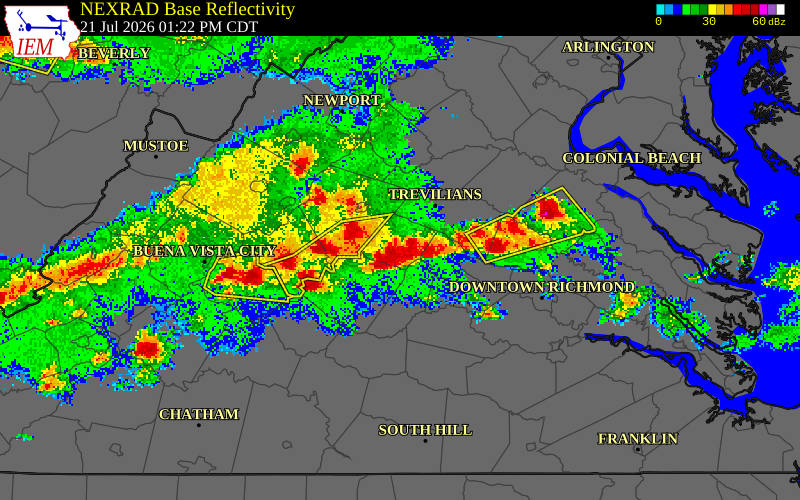 NEXRAD radar during the Tuesday, July 21, 2026 storm activity in Goochland County, Virginia