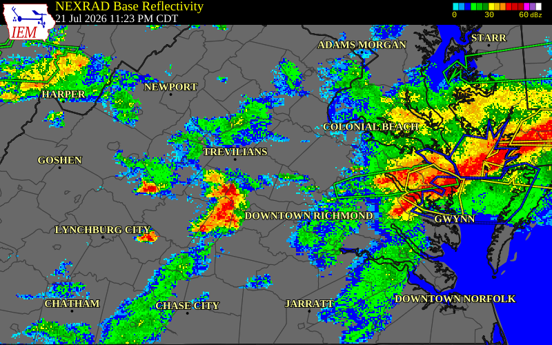 NEXRAD radar during the Wednesday, July 22, 2026 storm activity in Goochland County, Virginia