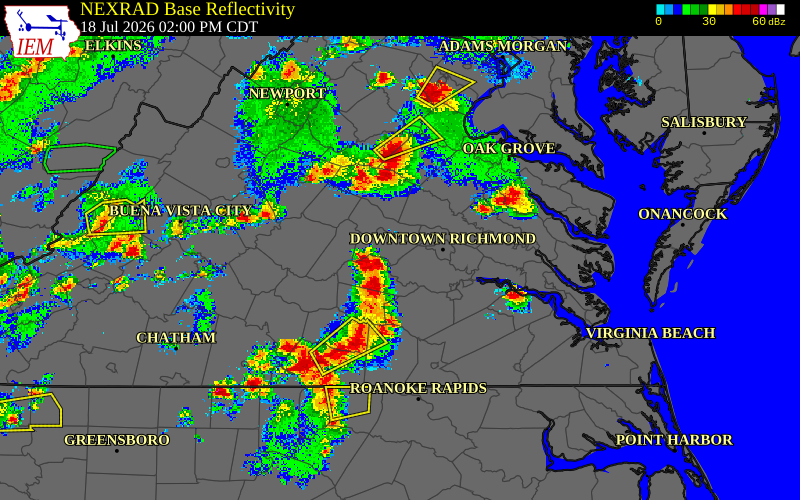 Radar snapshot during the Jul 18, 2026 wind event near Goochland County, Goochland County, Virginia, with NWS warning polygons
