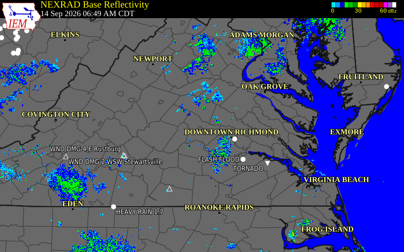 Current NEXRAD radar over Goochland County, Virginia with recent storm report locations