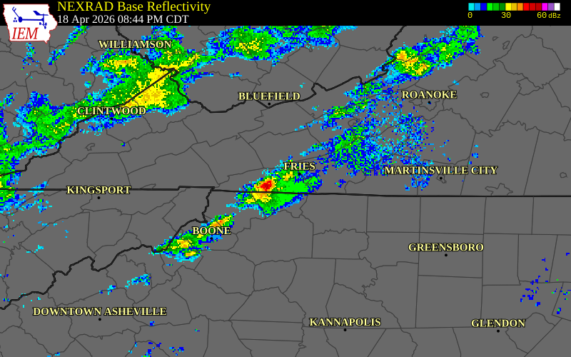 NEXRAD radar during the Saturday, April 18, 2026 storm activity in Grayson County, Virginia