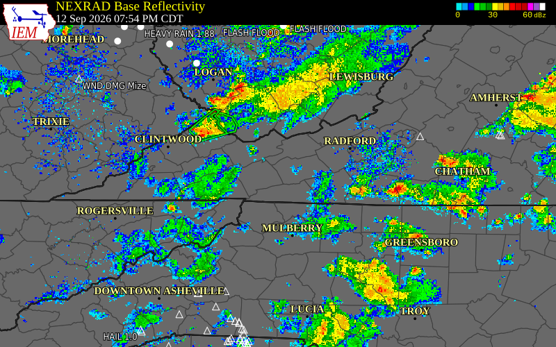 Current NEXRAD radar over Grayson County, Virginia with recent storm report locations