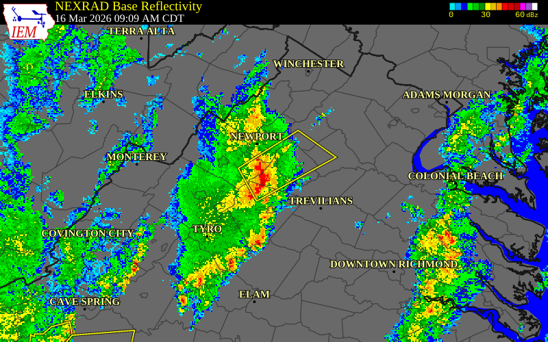 NEXRAD radar during the Monday, March 16, 2026 storm activity in Greene County, Virginia