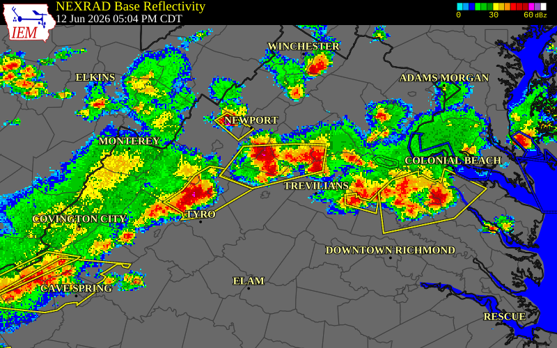 NEXRAD radar during the Friday, June 12, 2026 storm activity in Greene County, Virginia