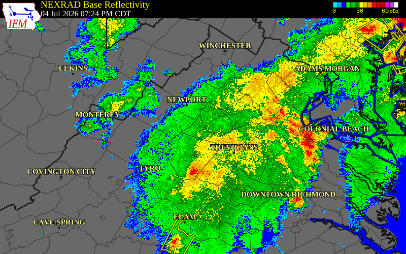 NEXRAD radar during the Saturday, July 4, 2026 storm activity in Greene County, Virginia