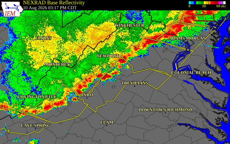 NEXRAD radar during the Monday, August 10, 2026 storm activity in Greene County, Virginia