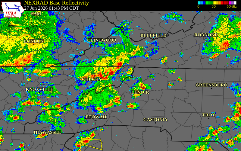 Radar snapshot during the Jun 27, 2026 wind event near Greene County, Greene County, Virginia, with NWS warning polygons