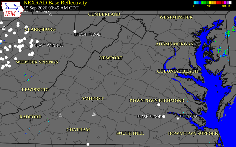 Current NEXRAD radar over Greene County, Virginia with recent storm report locations