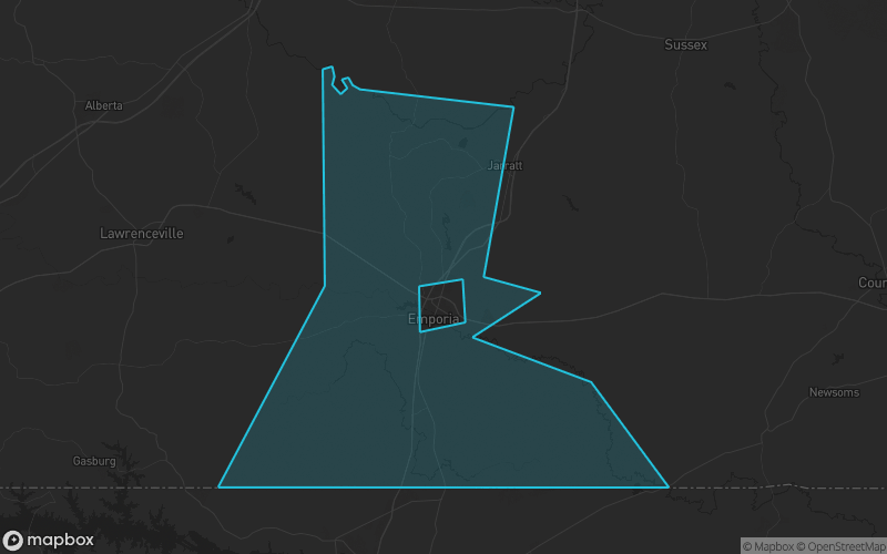 Map of Greensville County, Virginia showing the county boundary and surrounding cities