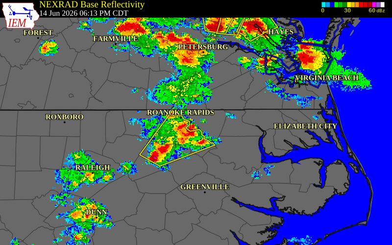 NEXRAD radar during the Sunday, June 14, 2026 storm activity in Greensville County, Virginia