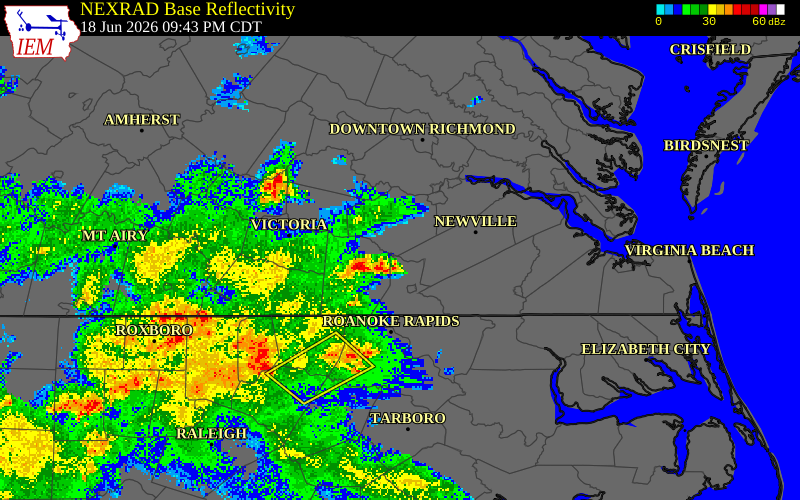 NEXRAD radar during the Thursday, June 18, 2026 storm activity in Greensville County, Virginia