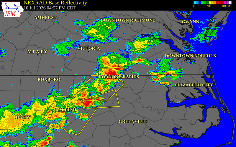 NEXRAD radar during the Friday, July 10, 2026 storm activity in Greensville County, Virginia