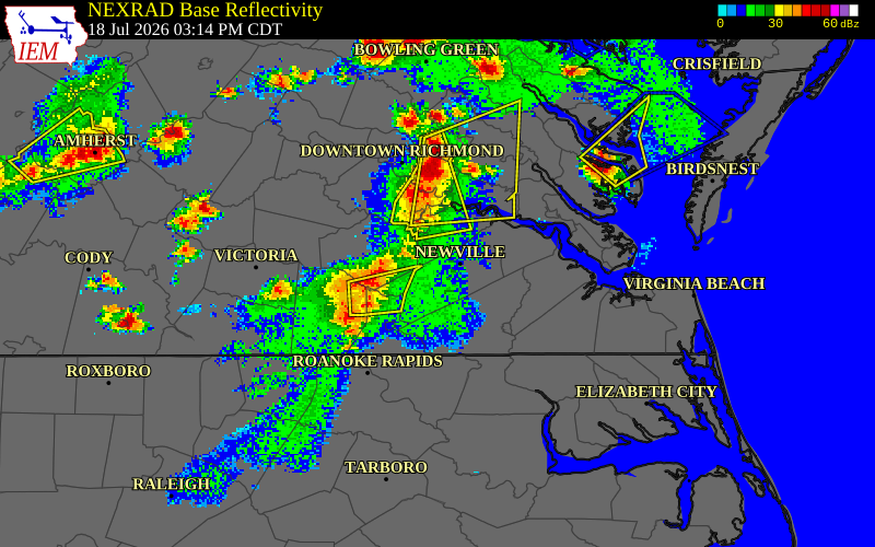 NEXRAD radar during the Saturday, July 18, 2026 storm activity in Greensville County, Virginia