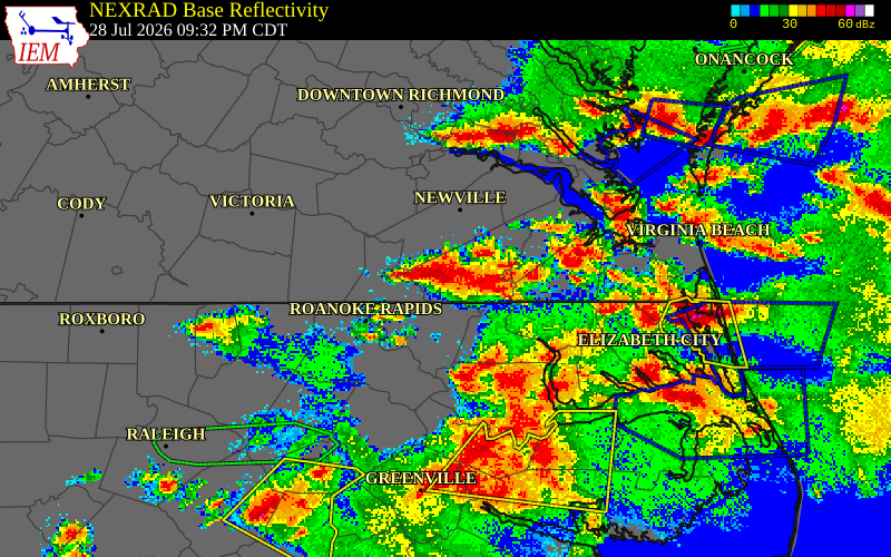 NEXRAD radar during the Tuesday, July 28, 2026 storm activity in Greensville County, Virginia