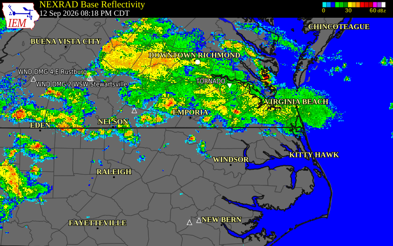Current NEXRAD radar over Greensville County, Virginia with recent storm report locations