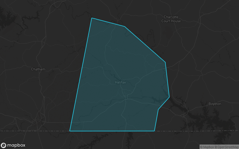 Map of Halifax County, Virginia showing the county boundary and surrounding cities