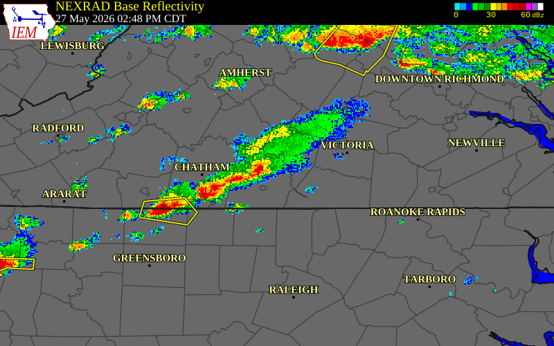 NEXRAD radar during the Wednesday, May 27, 2026 storm activity in Halifax County, Virginia