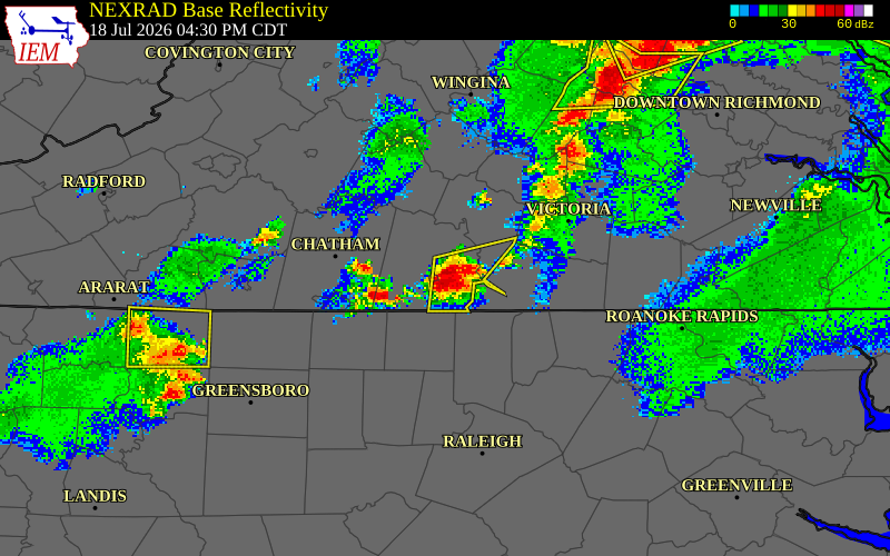 NEXRAD radar during the Saturday, July 18, 2026 storm activity in Halifax County, Virginia