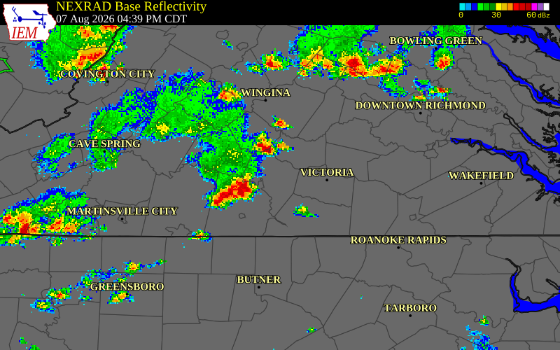 NEXRAD radar during the Friday, August 7, 2026 storm activity in Halifax County, Virginia