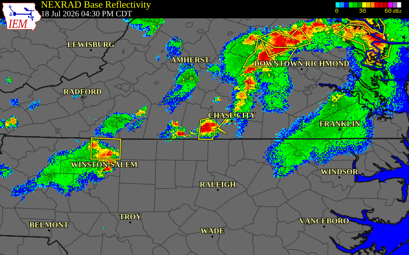 Radar snapshot during the Jul 18, 2026 wind event near 3 ENE South Boston, Halifax County, Virginia, with NWS warning polygons