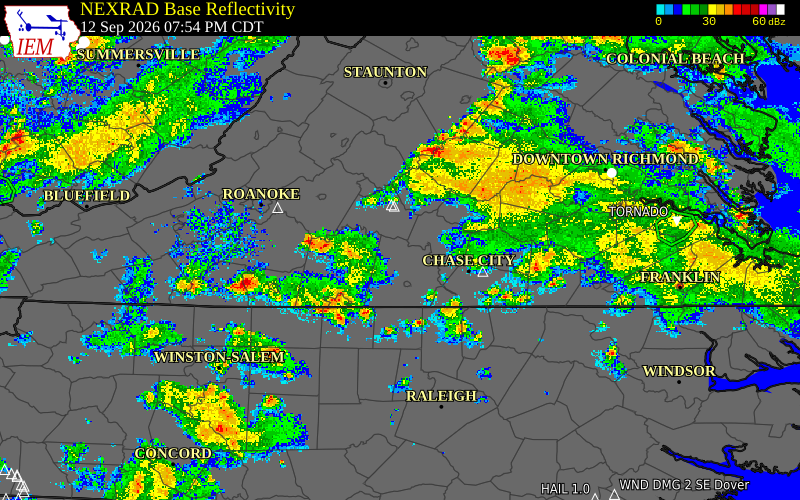 Current NEXRAD radar over Halifax County, Virginia with recent storm report locations