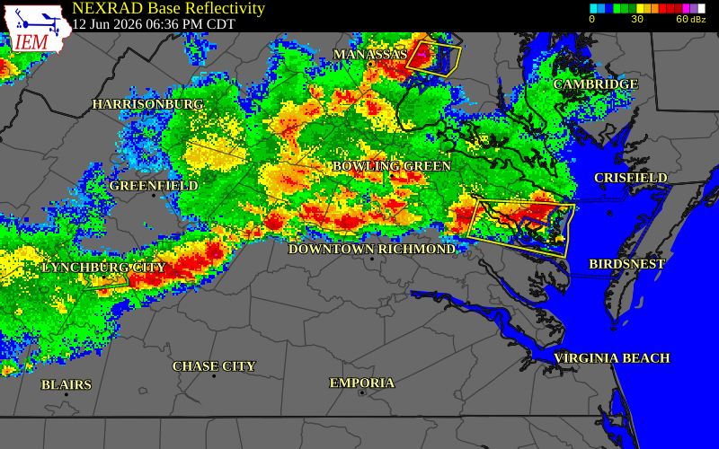 NEXRAD radar during the Friday, June 12, 2026 storm activity in Hanover County, Virginia