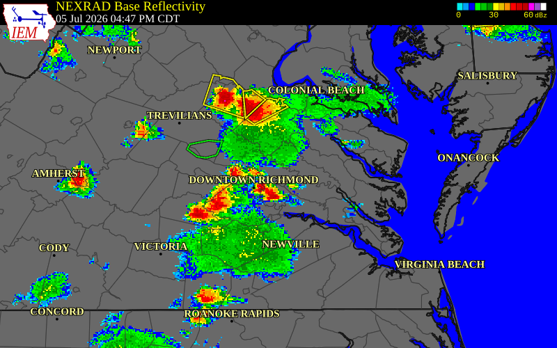 NEXRAD radar during the Sunday, July 5, 2026 storm activity in Hanover County, Virginia