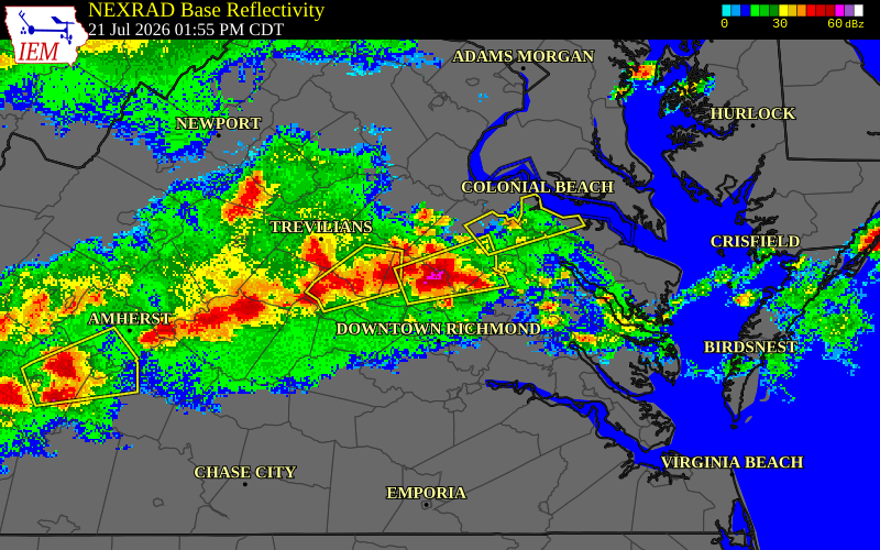NEXRAD radar during the Tuesday, July 21, 2026 storm activity in Hanover County, Virginia