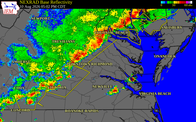 NEXRAD radar during the Monday, August 10, 2026 storm activity in Hanover County, Virginia