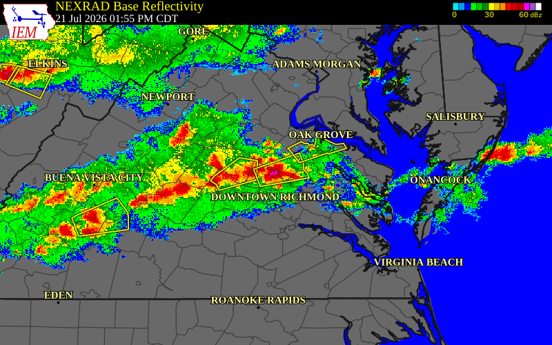Radar snapshot during the Jul 21, 2026 hail event near Doswell, Hanover County, Virginia, with NWS warning polygons