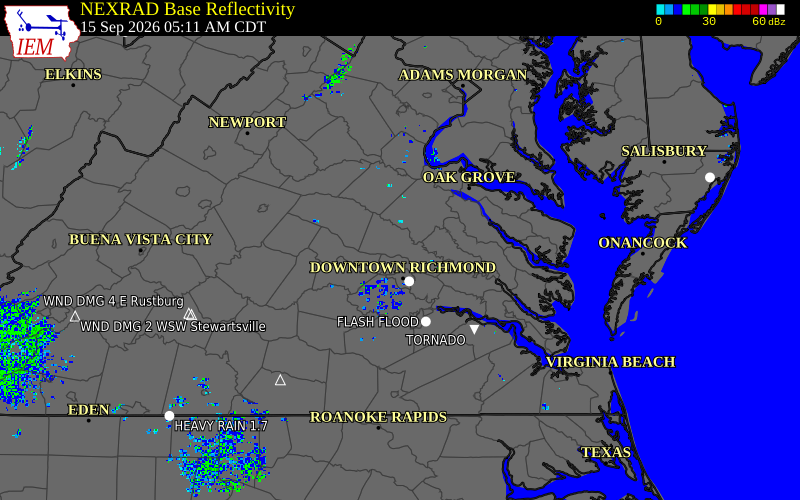 Current NEXRAD radar over Hanover County, Virginia with recent storm report locations