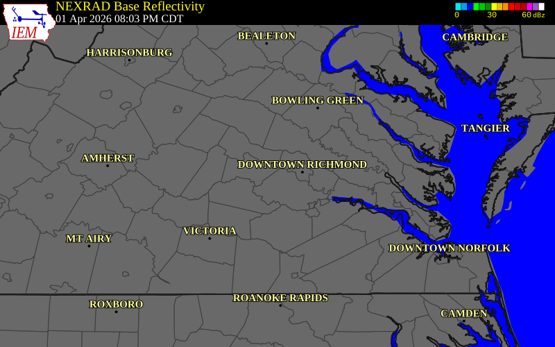 NEXRAD radar during the Wednesday, April 1, 2026 storm activity in Henrico County, Virginia