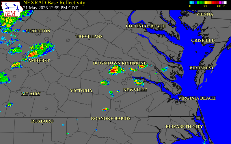 NEXRAD radar during the Thursday, May 21, 2026 storm activity in Henrico County, Virginia