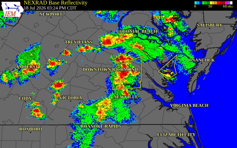 NEXRAD radar during the Saturday, July 18, 2026 storm activity in Henrico County, Virginia