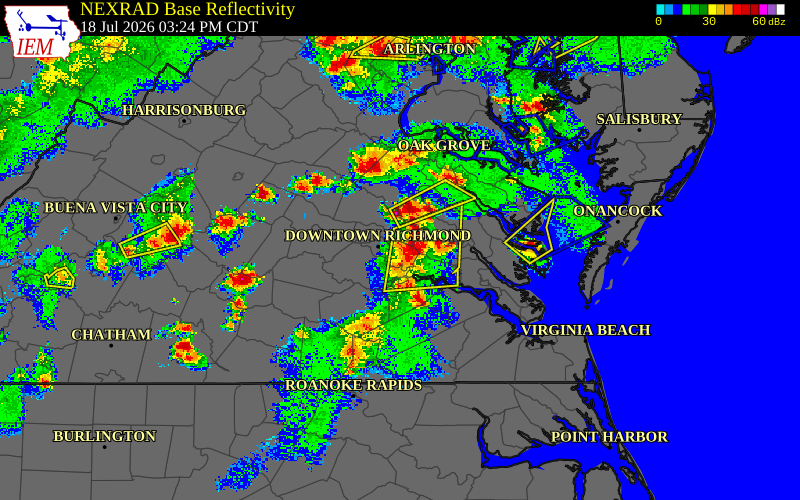 Radar snapshot during the Jul 18, 2026 wind event near Richmond International, Henrico County, Virginia, with NWS warning polygons