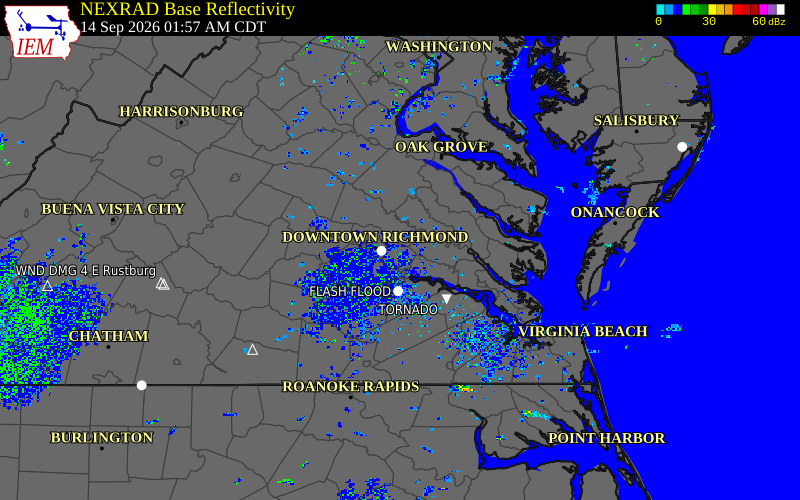 Current NEXRAD radar over Henrico County, Virginia with recent storm report locations
